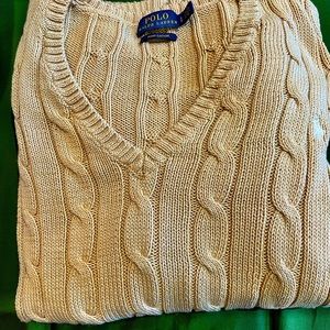 EUC- Ralph Lauren-L-Polo-Tan Cotton Cable Knit V-Neck Sweater-SplitSides